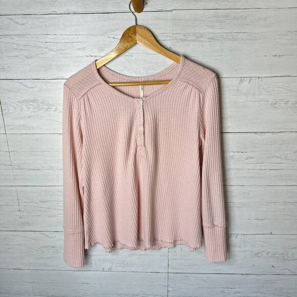 By Anthropologie Top Womens Size Small Pale Pink Waffle Knit Henley Thermal - Picture 3 of 16